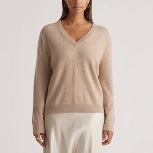 Quince Womens Mongolian 100% Cashmere Relaxed V-Neck Sweater Medium Tan Pullover